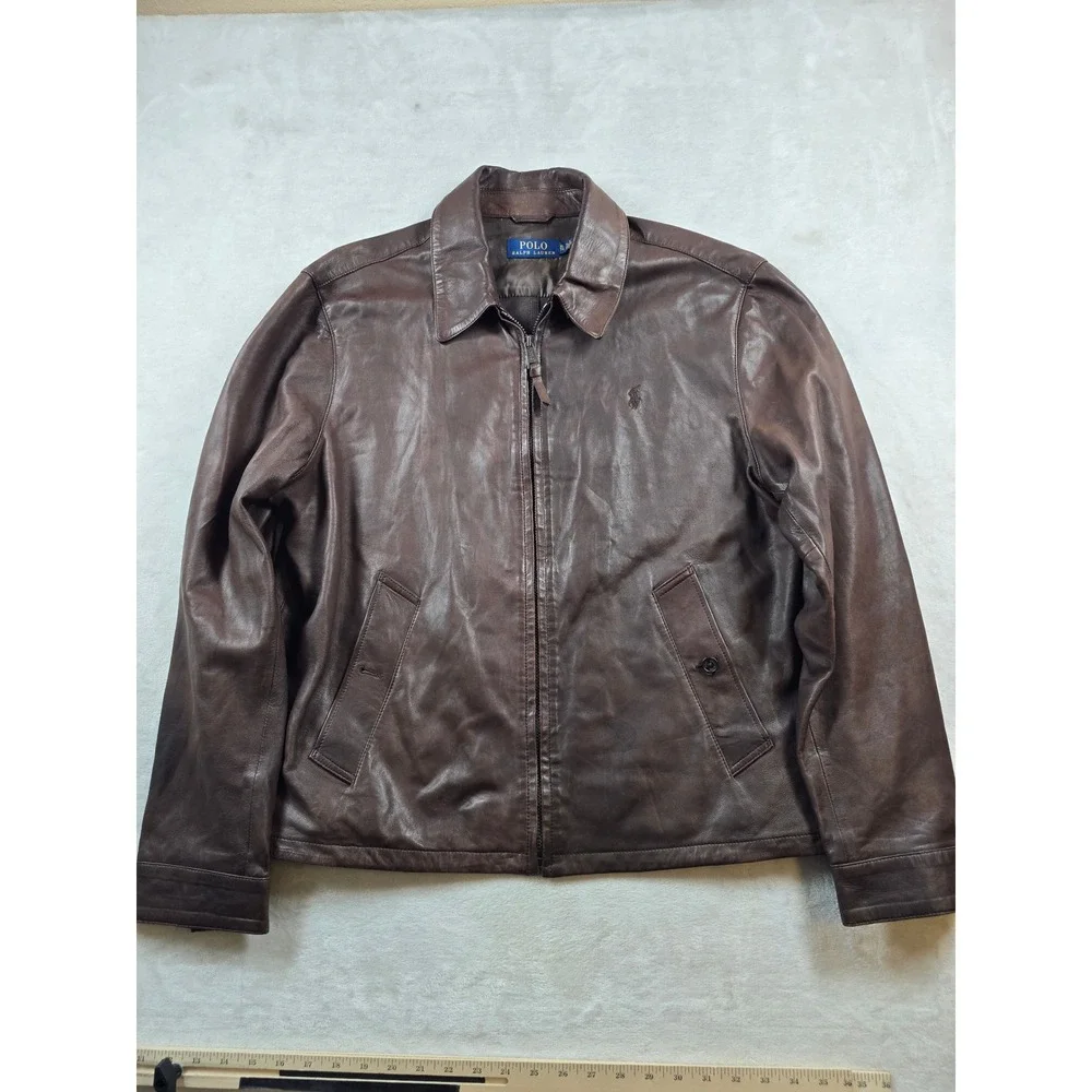 Polo Ralph Lauren Lamb Leather Jacket Mens XL Brown Lightweight Bi-Swing Pony